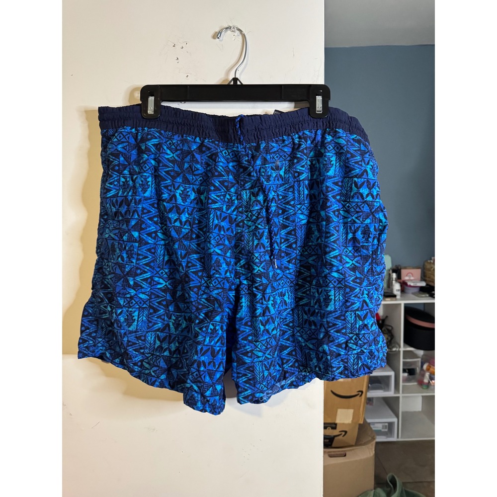 Catalina Mens Blue Geometric Tribal Print Swim Trunks Mesh Lined Shorts Medium